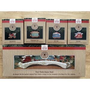 1991 Hallmark Ornament Train Trestle Display Stand Locomotive Caboose &Cars NIB
